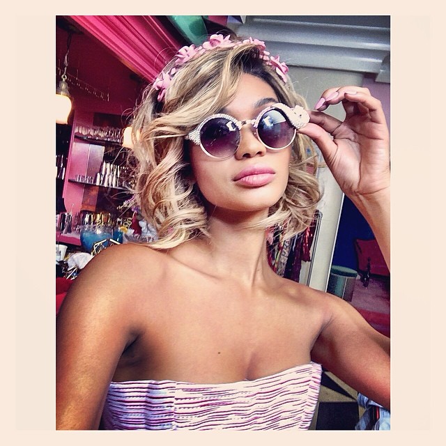Chanel Iman wears a blonde wig