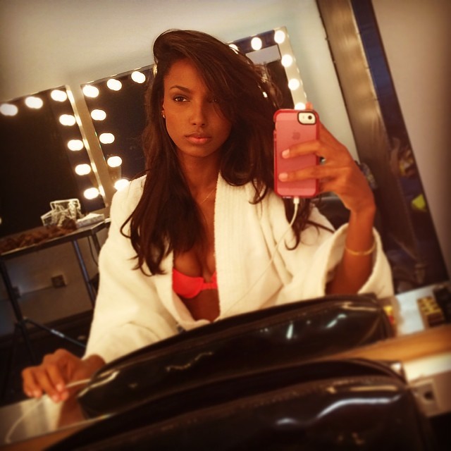 Jasmine Tookes shares a photo from Victoria's Secret set