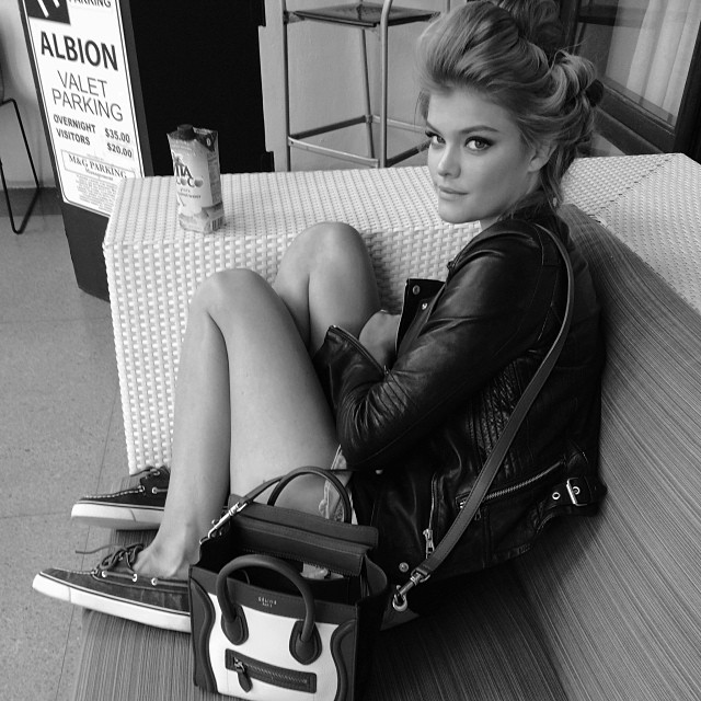 Nina Agdal wears a leather jacket
