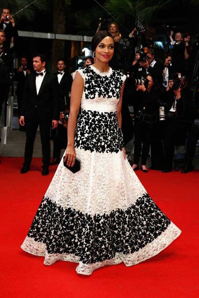 Rosario Dawson slipped into a black and white Dolce & Gabbana dress