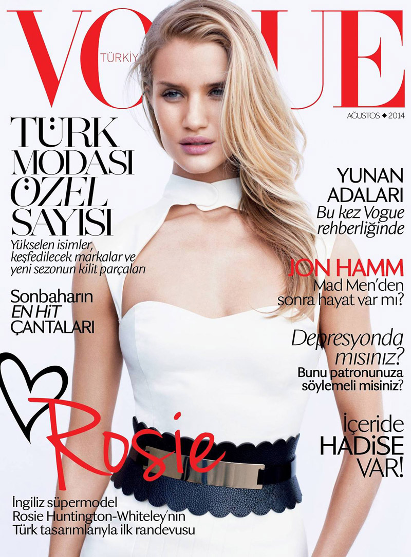 rosie huntington whiteley vogue turkey 2014 cover Rosie Huntington Whiteley Wears White Hot Dress for Vogue Turkey August 2014 Cover