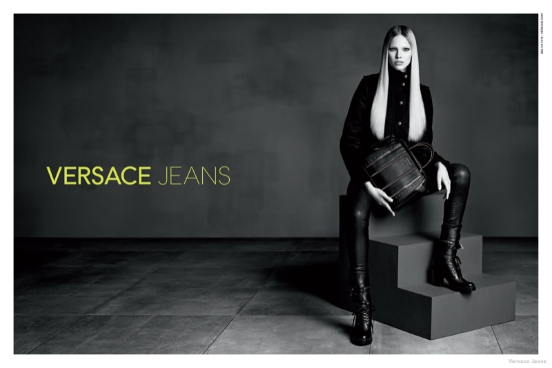 versace jeans leather styles 2014 fall01 Sasha Luss in Leather + Denim for Versace Jeans Fall 2014 Ads