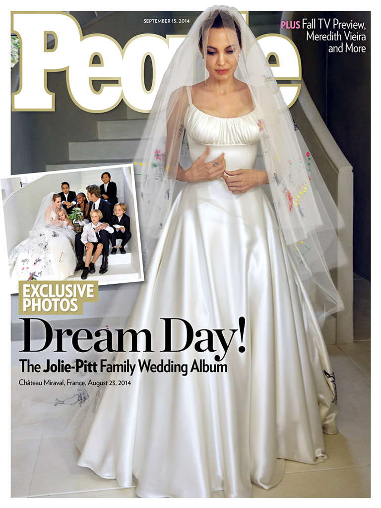 angelina jolie wedding dress people cover See Angelina Jolies Wedding Dress Decorated by Her Children