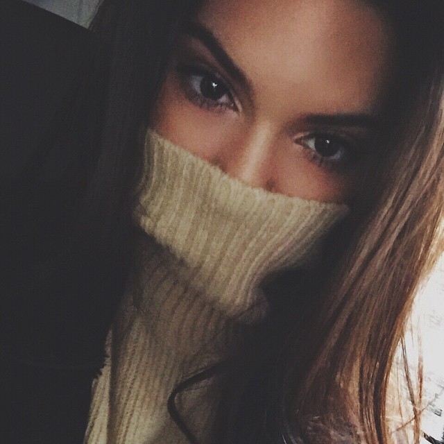 Kendall Jenner covers her face with a turtle neck