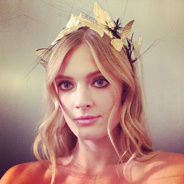 Constance Jablonski wears crown before CFDA event