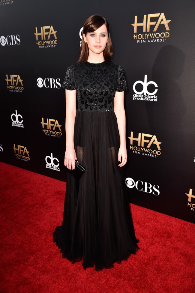 Felicity Jones wore a black dress from Alexander McQueen