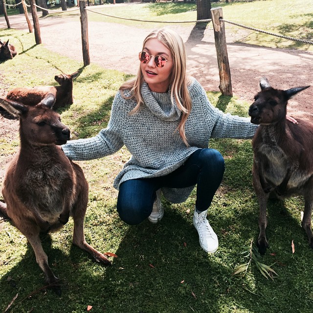 Gigi Hadid poses with kangaroos