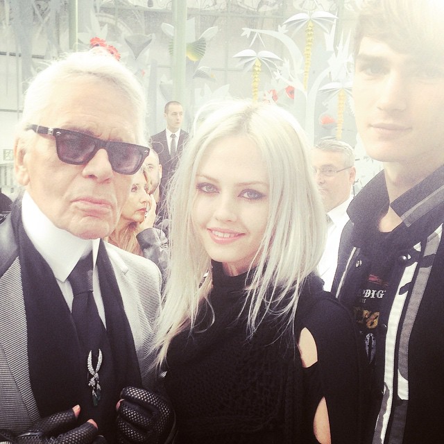 Charlotte Free poses with Karl Lagerfeld at the Chanel Haute Couture show