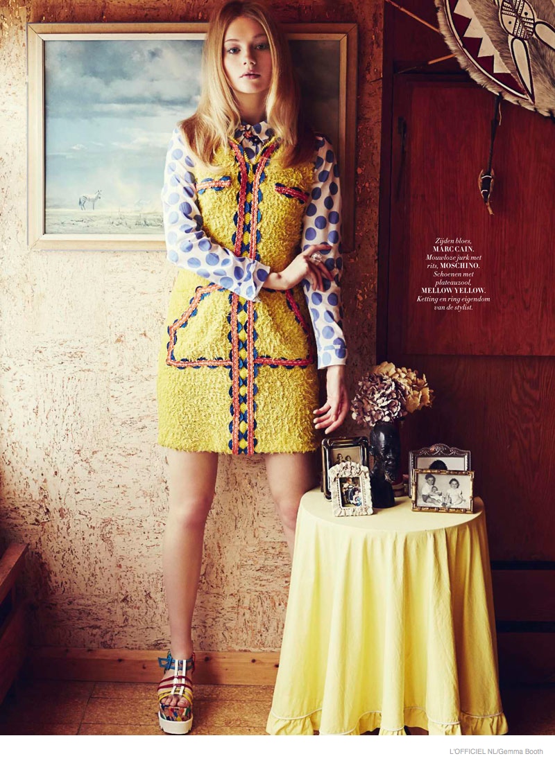 The 1970s was all about bold prints and colors. Looks from Moschino, Mellow Yellow and Marccain clothe the model. 