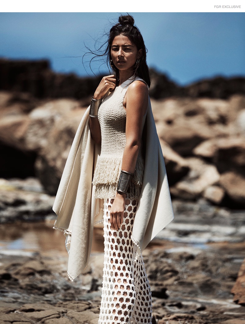 Celine Fringed Knit Top from David Jones, Macgraw Knit Wrap, IRO Crochet Skirt, Lovisa Hooped Earrings, Silver Embellished Cuffs from Kashgar