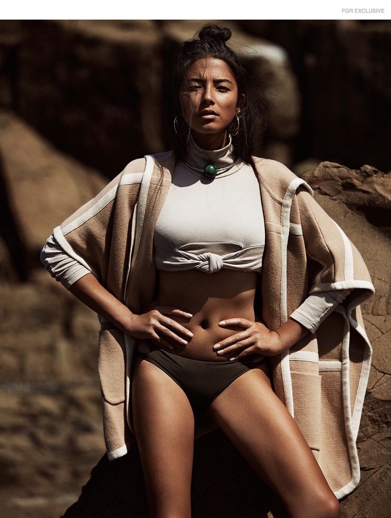 Christopher Esber Lurex Turtleneck, Country Road Knit Cape, Auqua Khaki Bikini Bottoms, Amber Sceats Stone Ball Necklace, Lovisa Hooped Earrings