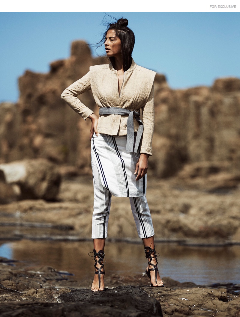 IRO Tapestry Jacket, Maurie And Eve Striped Apron Trouser, Camilla and Marc Coat Tie (worn as belt),  Ancient Greek Sandals Black Tie-Up Sandals, Lovisa Hooped Earrings