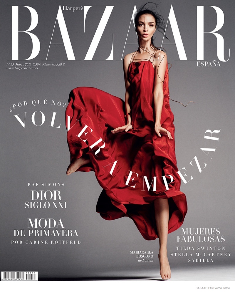 Mariacarla Boscono flaunts her posing skills in a red Lanvin dress on the cover of Harper's Bazaar Spain.
