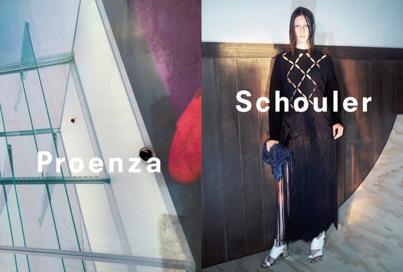 A sweater with diamond shapes, a black fringe skirt and white sandals are featured.