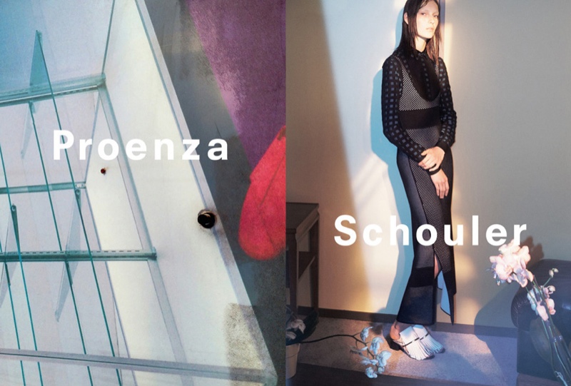Julia wears a long-sleeve top worn underneath a grey dress in Proenza Schouler's spring advertisements.