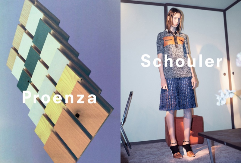 Julia wears a bowling shirt with orange and black detail paired with a blue perforated skirt.