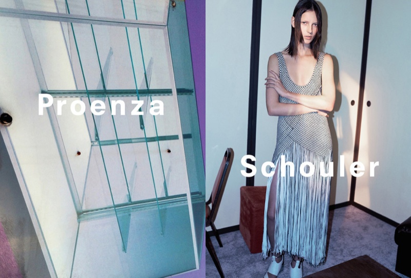 Adorned with a fringe skirt, the Proenza Schouler woman poses with her arms crossed for spring 2015.