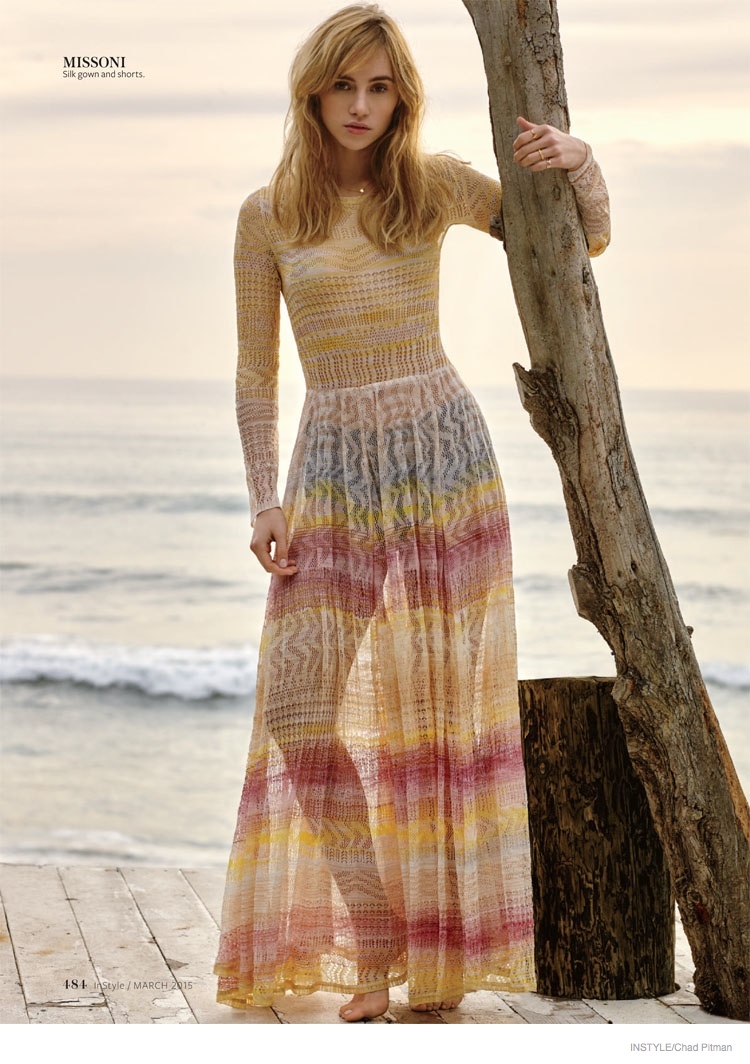 On the beach, Suki wears a silk Missoni gown and shorts