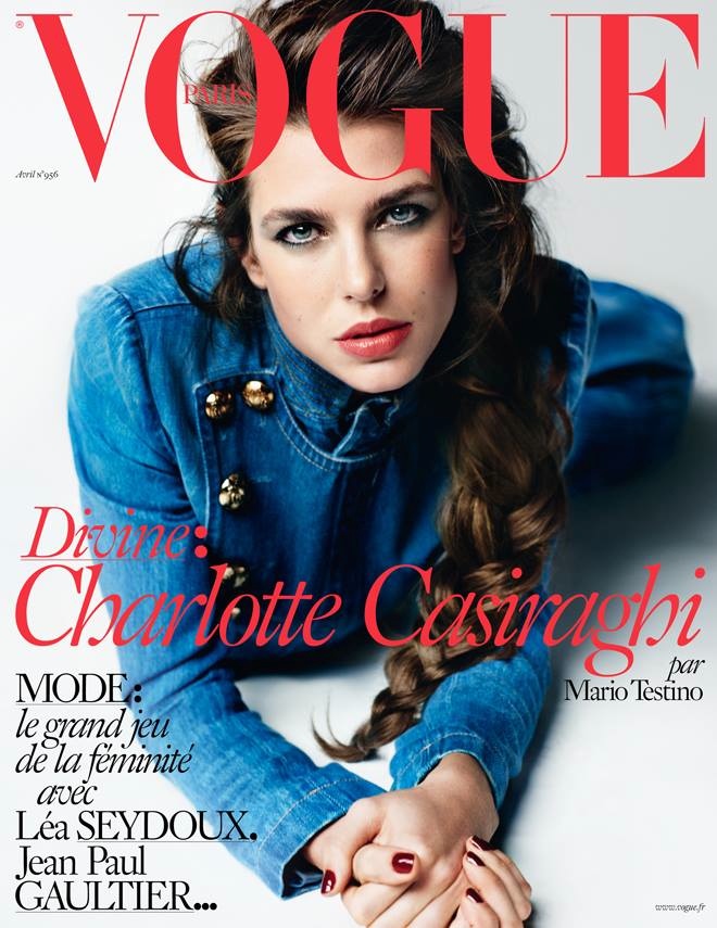 Charlotte Casiraghi gets clad in denim for the April 2015 cover from Vogue Paris lensed by Mario Testino. 