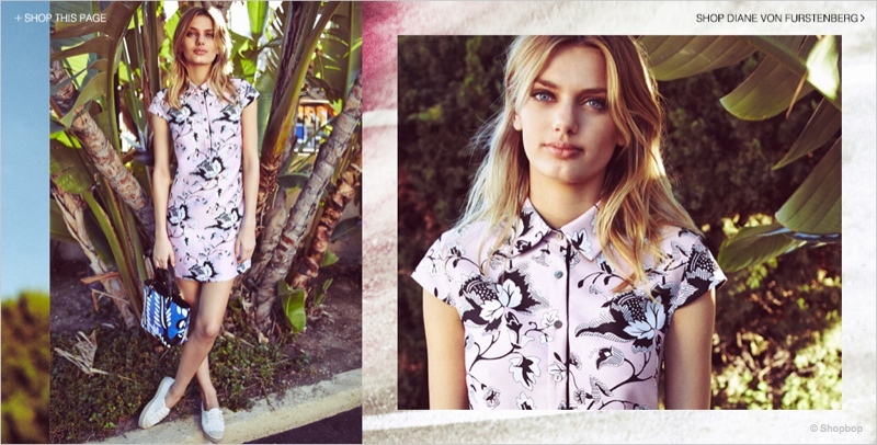 Bregje looks pretty in pink while modeling the 'Morgan' dress from DVF.