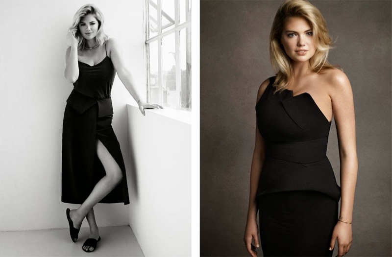 In the fashion feature, Upton wears body-con looks from designer brands. 