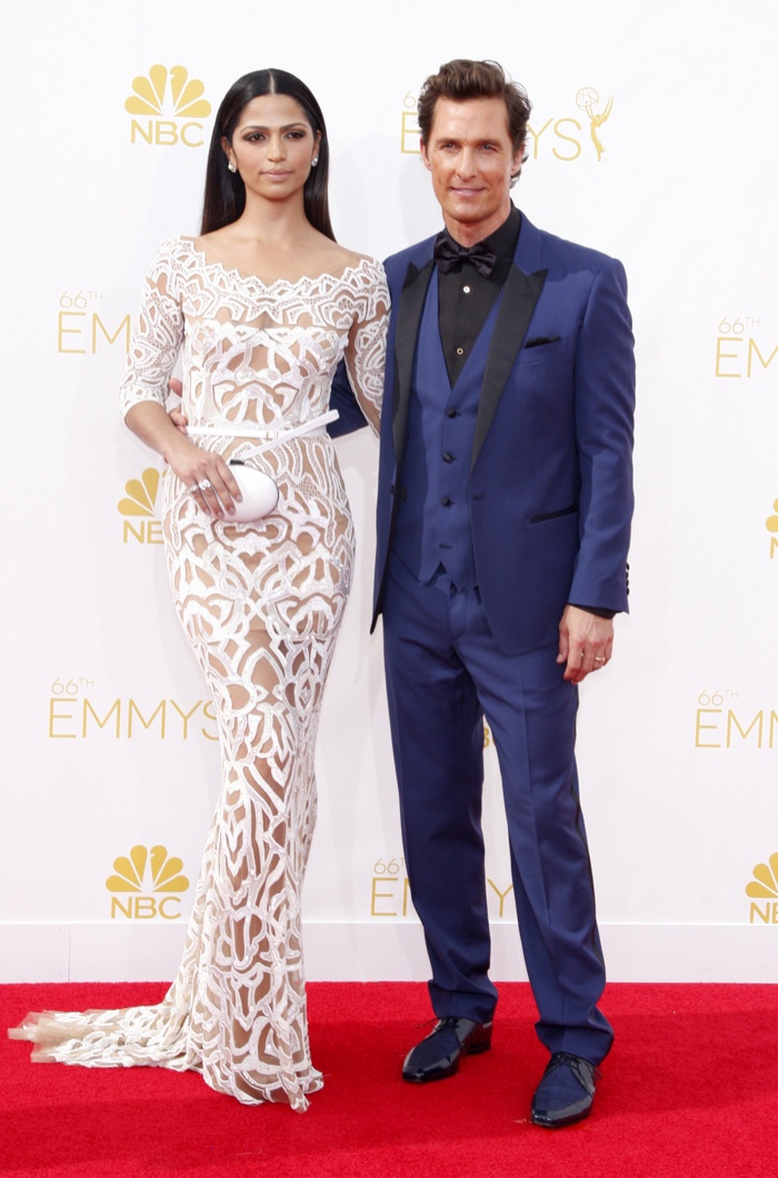 Matthew McConaughey & Camila Alves were a stylish couple at the Primetime Emmy Awards in 2014. Alves wore a Zuhair Murad dress in white with McConaughey in Dolce & Gabbana Photo: David Gabber / PRPhotos.com