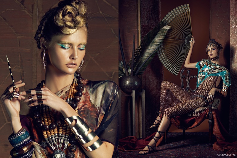 (Left) Necklace Masha Archer and Steven Anton Rehage, Assorted Bangles Masha Archer and Steven Anton Rehage, Rings & Arm Cuffs & Earrings Erika Peña, Top John Paul Gaultier (Right) Net Dress & Sequin Cape Fernando Garcia, Arm Cuffs & Rings Erika Peña, Head Piece Steven Anton Rehage, Bottom La Perla, Shoes Ann Demeulemeester