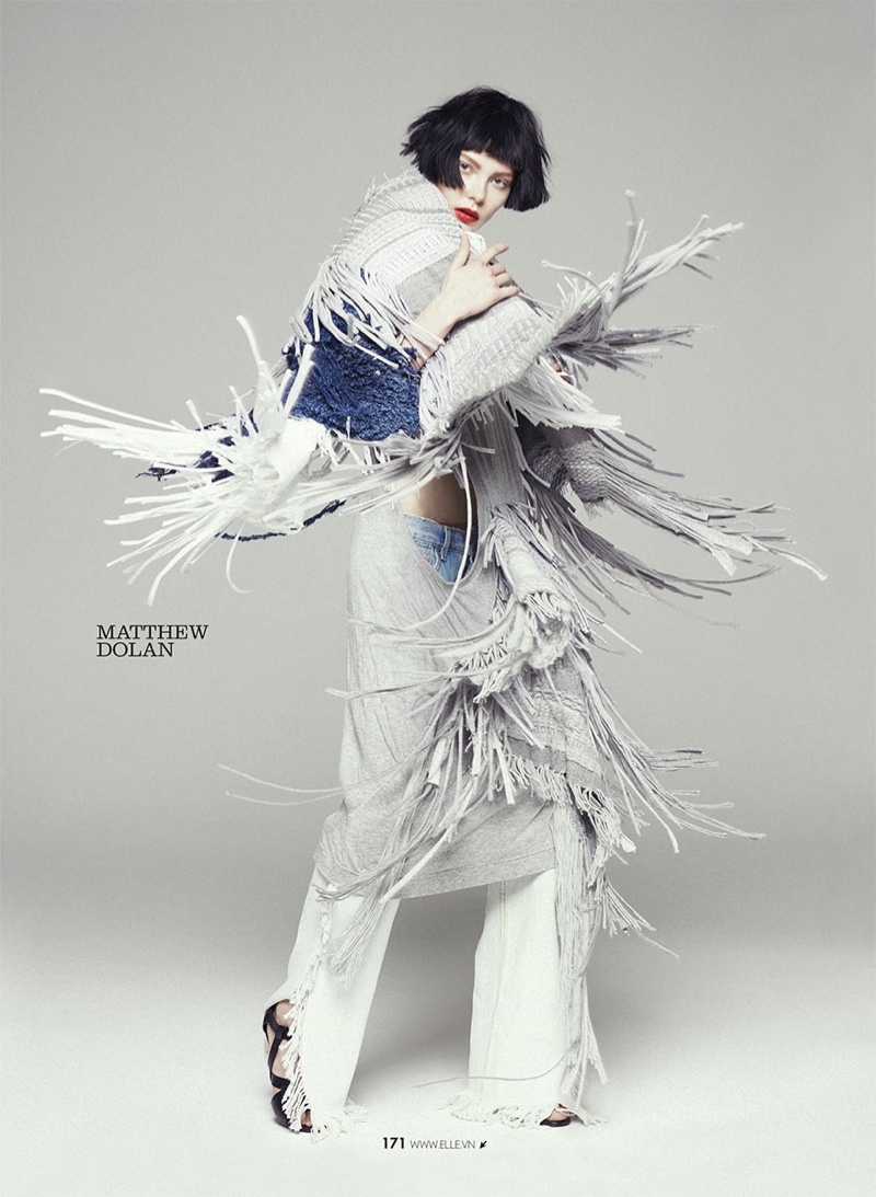 The model wears looks from top New York-based labels