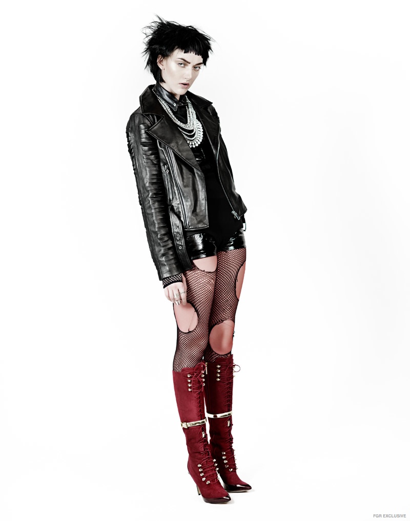 Black Shirt Diesel, Patent Leather Black Shorts Teresa Helbig, Neoprene Black Shorts Ashton Michael, Leather Jacket Nasty Gal, Black Bra Top Endless Rose, Red Boots Gio Diev, Necklace Bauble, Ring Vanessa Mooney, Rings The 2 Bandits, Rings Maison de Morgana