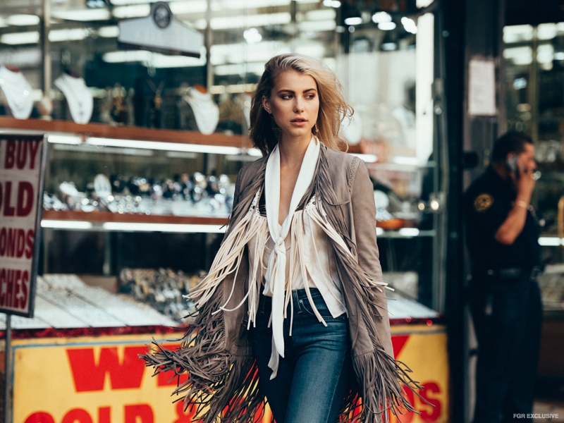 Blouse Tibi, Fringed Vest Lush, Suede Fringed Jacket L’agence, Jeans Alexa Chung for AG Jeans, Sunglasses Vintage, Earrings A Peace Treaty via Lust Covet Desire
