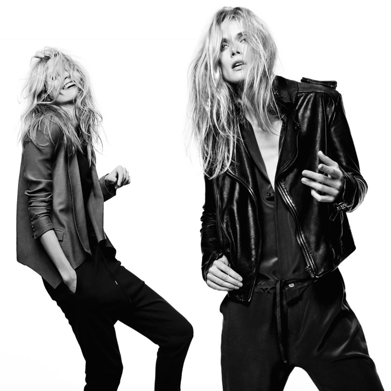 The model channels cool girl style in leather jackets and slim-fit pants