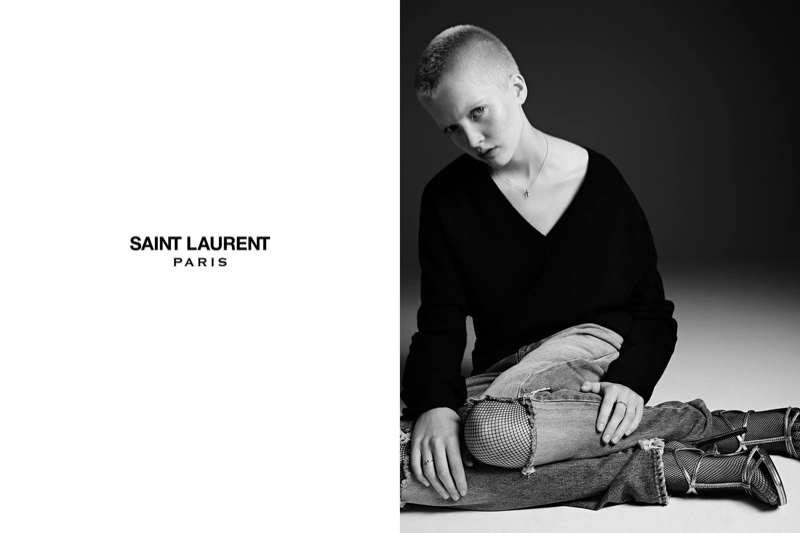Ruth models ripped denim and v-neck sweater from Saint Laurent