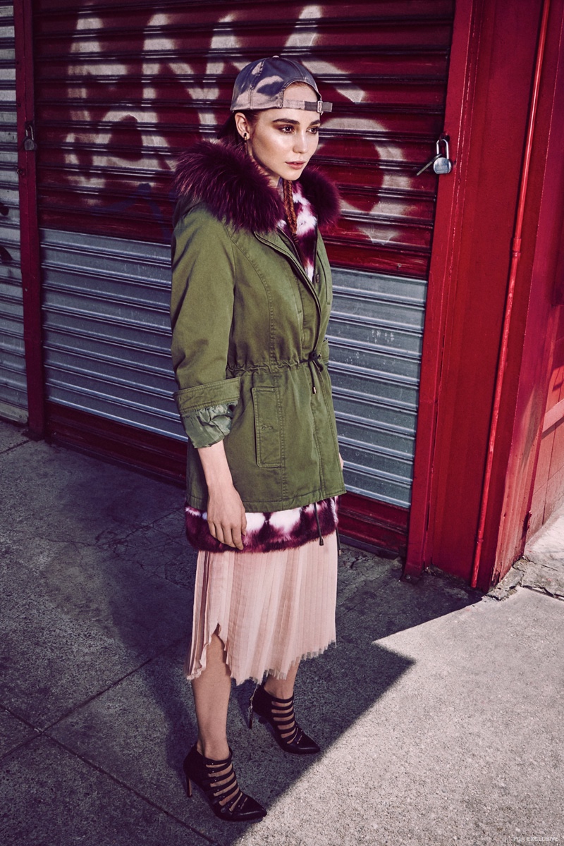 Parka Alessandra Chamonix, Dress Ulla Johnson, Shoes Kelsey Dagger Brooklyn, Hat Silence & Noise, Earrings Luz Ortiz