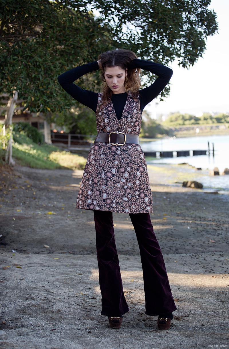 Pants Rag & Bone, Bodysuit Alix, Dress Alice and Olivia, Belt Banana Republic, Shoes Gucci, Rings Free People