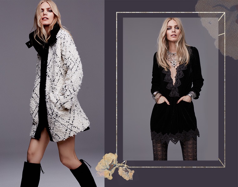 (L) Free People High Collar Bouclé Coat, Free People 'New Castle' Knee High Boot (R) Free People 'Dreams' Lace Trim Tunic Dress