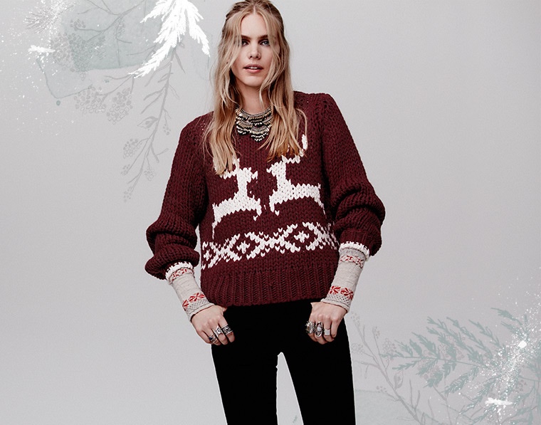 Free People 'Dancer and Prancer' Sweater, Free People 'Newbie' Rosy Cuff Thermal Top, Free People Stretch Mid Rise Flare Jeans