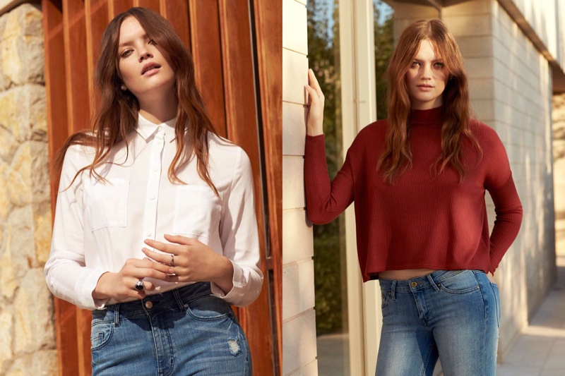 (L) H&M Viscose Shirt and Stretch High-Waist Jeans (R) H&M Ribbed Mock Turtleneck Top and Super Skinny Low Jeans