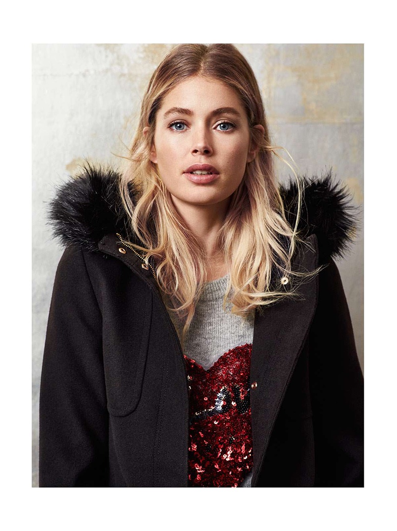 Doutzen wears H&M Felted Parka & Sequined Sweater