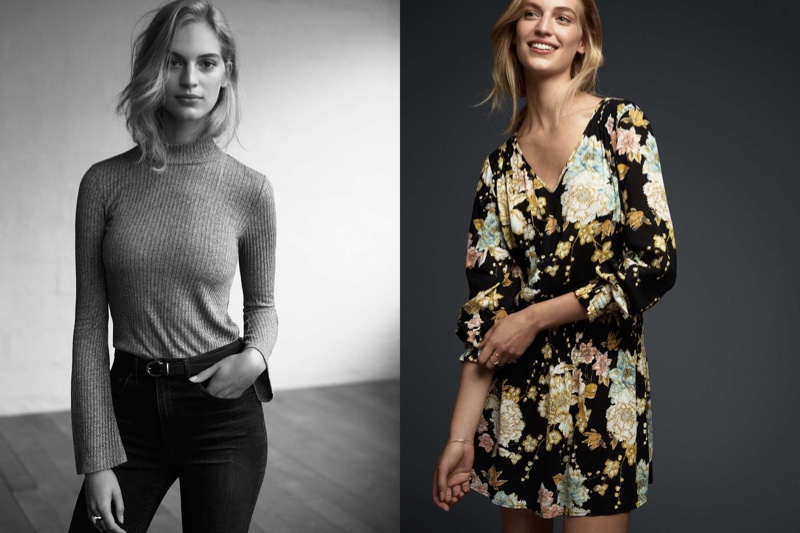 (Left) H&M Ribbed Turtleneck Top, H&M Cropped Flare High Jeans (Right) H&M Patterned Dress with Smocking