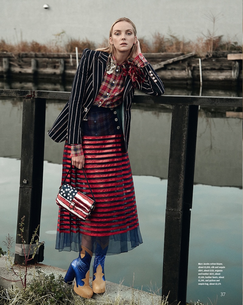STARS & STRIPES: The model wears a Marc Jacobs cotton blazer, silk and sequin shirt, leather skirt and boots