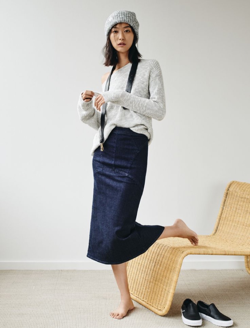 Madewell Denim Pencil Skirt worn with The Leftbank Sweater, Slouchy Beanie, Backcountry Belt + Vans® Classic Slip-Ons