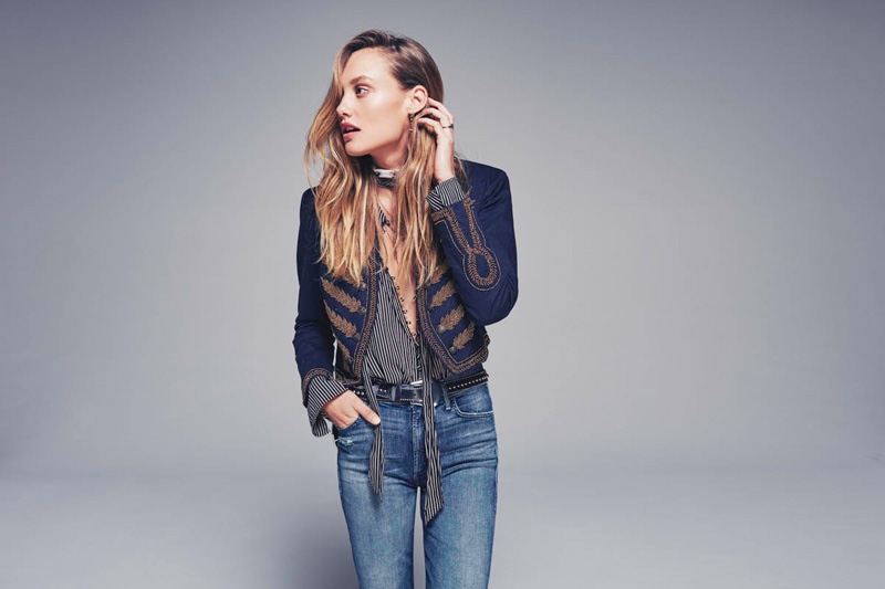 Free People Embellished Band Jacket, Free People Striped Modern Muse Blouse, Mother Hustler Frayed Ankle Jeans