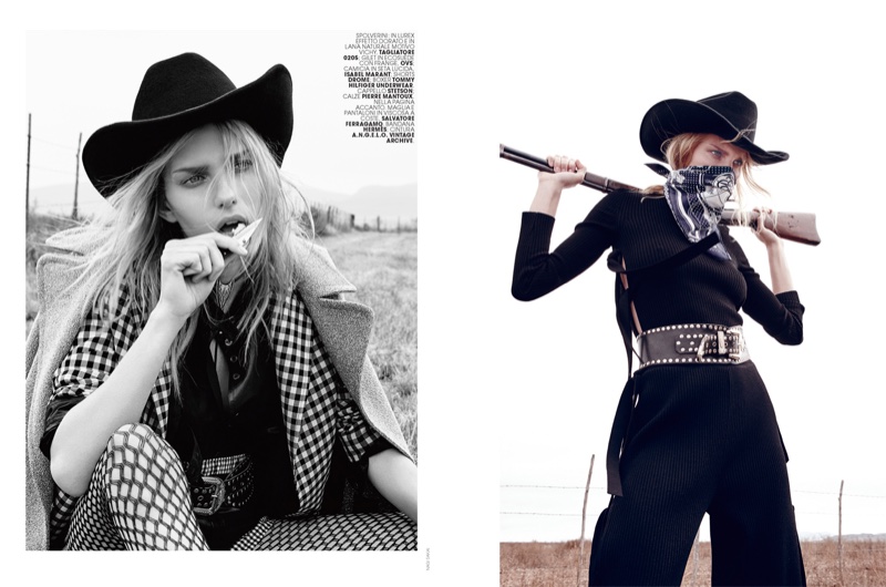 Marique embraces s cowgirl lifestyle with a bandana and shotgun