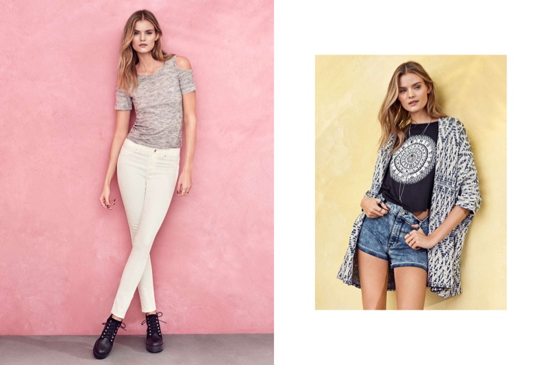 (L) H&M Fine Knit Top with Cut-Out Shoulders, Slim Fit Pants and Platform Boots (R) H&M Cropped T-Shirt and High-Waist Shorts