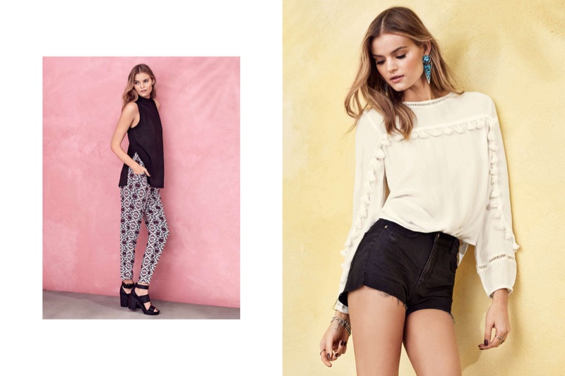 (L) H&M Fine-Knit Sleeveless Top, Printed Loose-Fit Pants and Platform Sandals (R) H&M Long-Sleeve Blouse and Cut-Off Denim Shorts