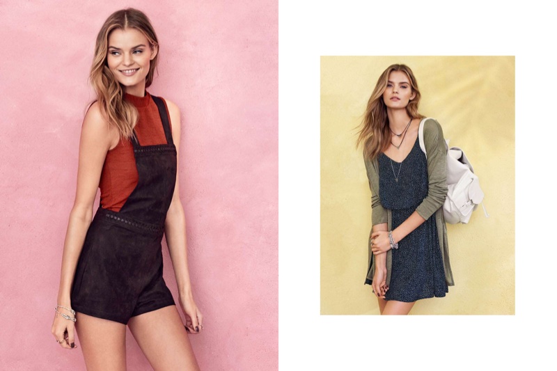 (L) H&M Sleeveless Top and Bib Overall Shorts (R) Fine-knit Cardigan, Sleeveless Dress and Backpack