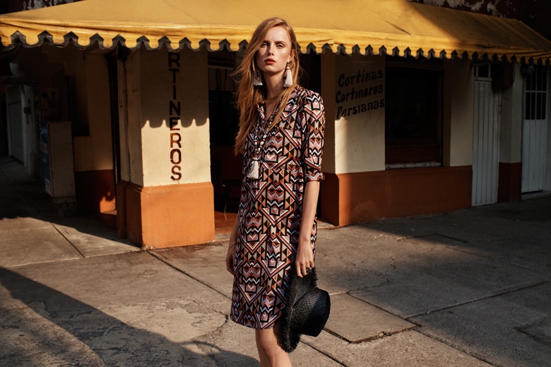 Rianne van Rompaey models a printed dress from H&M's spring 2016 collection
