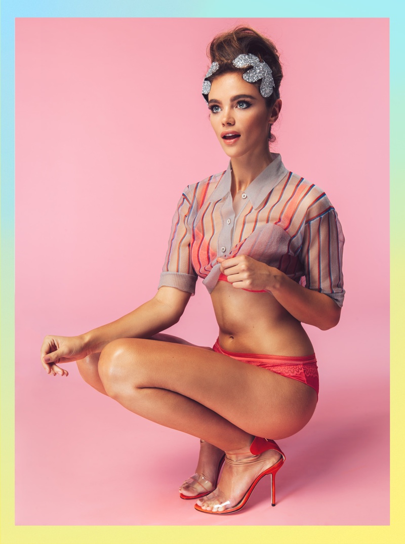 Jena Goldsack poses in lingerie with red heels