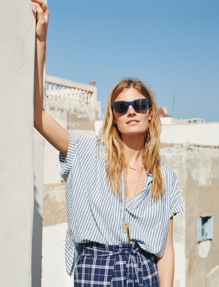 Madewell Headliner Sunglasses, Central Shirt and Plaid Tie-Front Skirt