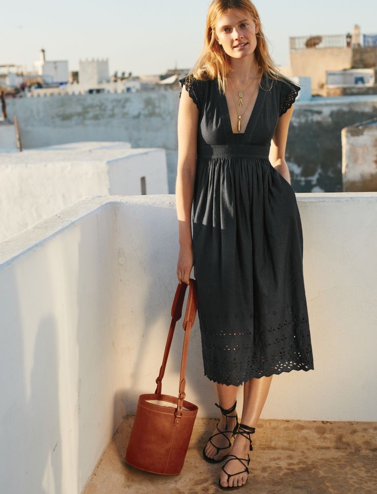 Madewell Eyelet Nightbreeze Dress, Rivet & Thread Bucket Bag and Boardwalk Sandal